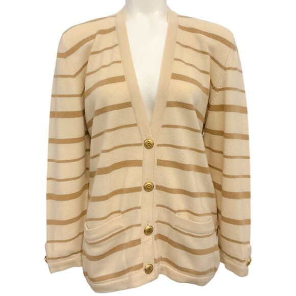 Chanel Vintage Beige / Brown Striped Cashmere Cardigan Sweater - Picture 1 of 5